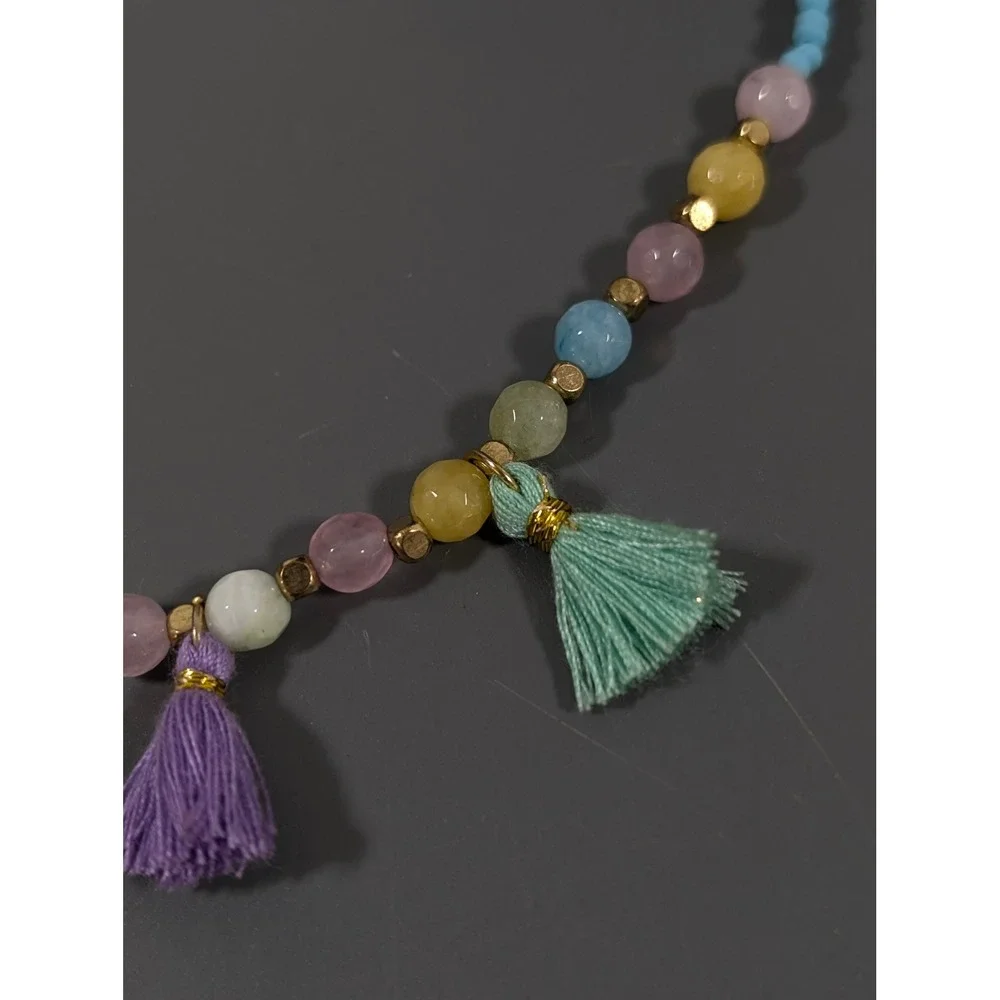 Boho Beachy Tassel Necklace Blue Pink Glass Beads‎ Layered Gold Tone 21 in